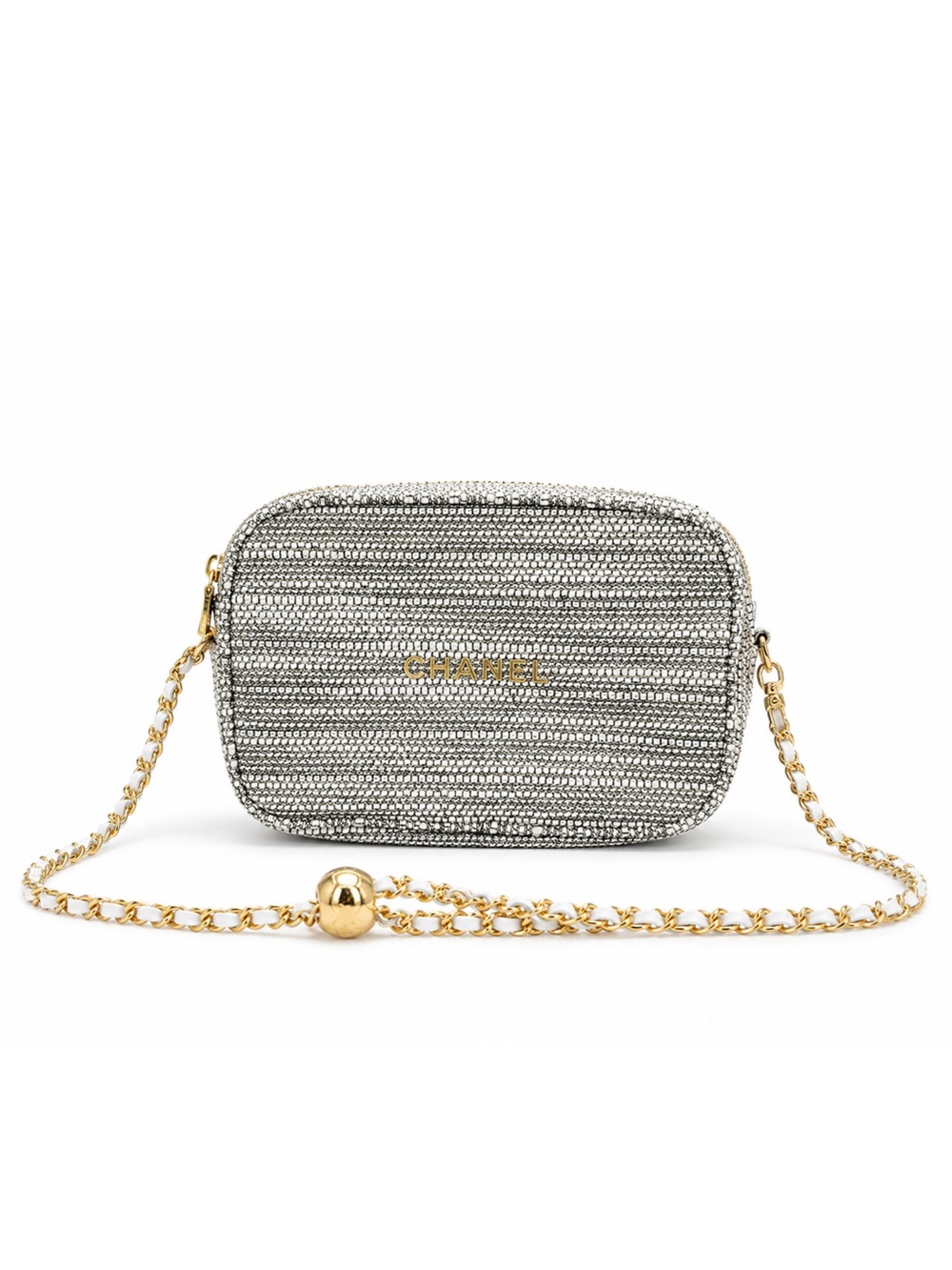 Authentic Chanel Beauté Tweed Cosmetic Pouch Crossbody Bag Gold Chain